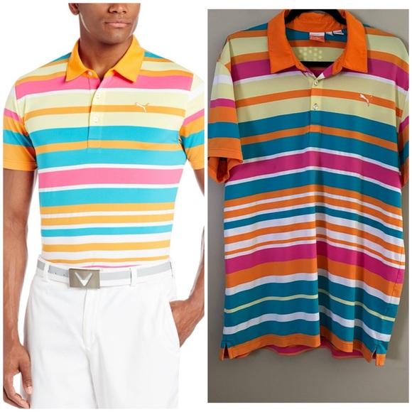 Puma Other - PUMA Golf Sport Lifestyle Polo Men’s Size XL Dry Cell Orange/Pink Roadmap Stripe